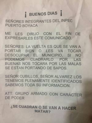 Con panfletos amenazan a funcionarios del INPEC y atacan a uno de ellos en Puerto Boyacá: Con panfletos amenazan a funcionarios del INPEC y atacan a uno de ellos en Puerto Boyacá Con panfletos amenazan a funcionarios del INPEC y atacan a uno de ellos en Puerto Boyacá: Con panfletos amenazan a funcionarios del INPEC y atacan a uno de ellos en Puerto Boyacá