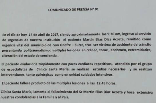 Muerte Martín Elías: Martín Elías falleció producto de las múltiples lesiones a las 12:45 horas: Clínica Santa María Muerte Martín Elías: Martín Elías falleció producto de las múltiples lesiones a las 12:45 horas: Clínica Santa María