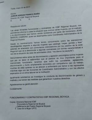 Por decirle a sus compañeras "viejas, gordas y feas", denuncian a funcionario del ICBF en Boyacá: Por decirle a sus compañeras "viejas, gordas y feas", denuncian a funcionario del ICBF en Boyacá Por decirle a sus compañeras "viejas, gordas y feas", denuncian a funcionario del ICBF en Boyacá: Por decirle a sus compañeras "viejas, gordas y feas", denuncian a funcionario del ICBF en Boyacá