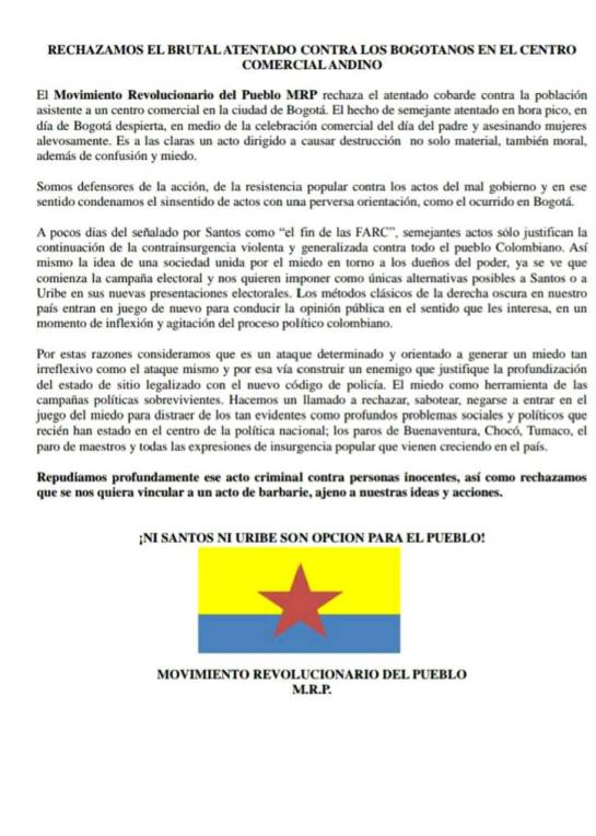 Atentado en el Andino: Movimiento Revolucionario del Pueblo niega autoría de atentado en el Andino Atentado en el Andino: Movimiento Revolucionario del Pueblo niega autoría de atentado en el Andino