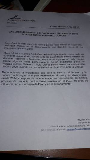 Caracol Radio da a conocer el comunicado emitido por la multinacional minera Caracol Radio da a conocer el comunicado emitido por la multinacional minera