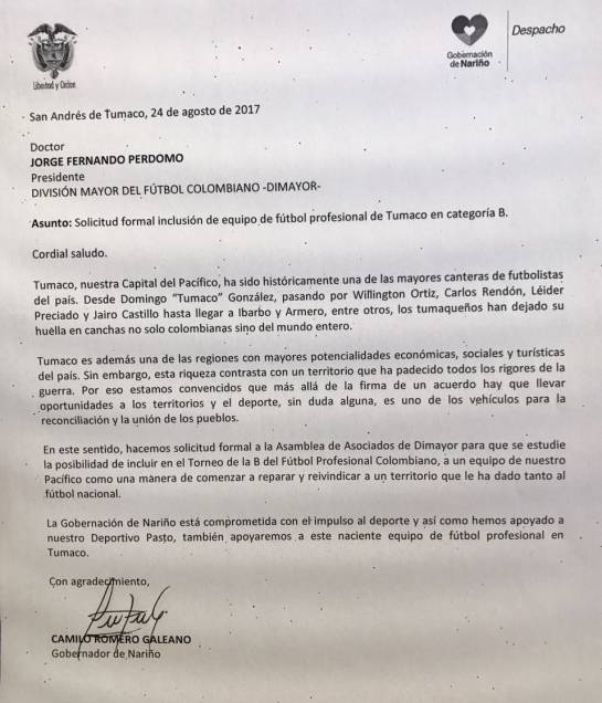 Solicitan que tumaco pueda tener un equipo de fútbol en la segunda división: Tumaco podría tener equipo de fútbol en la primera B Solicitan que tumaco pueda tener un equipo de fútbol en la segunda división: Tumaco podría tener equipo de fútbol en la primera B