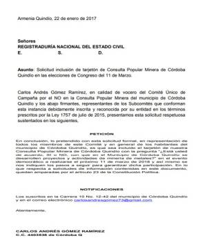 Solicitan incluir tarjetón de la consulta popular minera de Córdoba en elecciones del 11 de marzo Solicitan incluir tarjetón de la consulta popular minera de Córdoba en elecciones del 11 de marzo