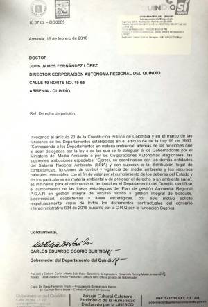 Derecho de petición del gobernador al director de la CRQ Derecho de petición del gobernador al director de la CRQ