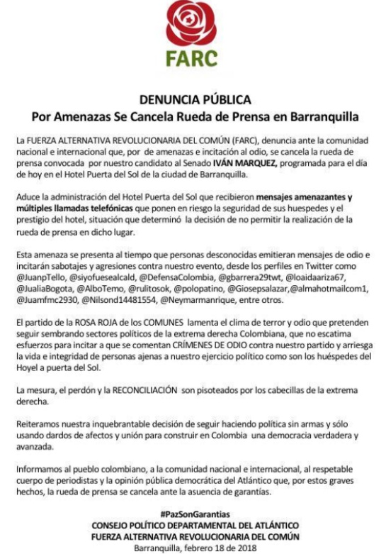 Cancelan rueda de prensa con Iván Márquez en Barranquilla Cancelan rueda de prensa con Iván Márquez en Barranquilla