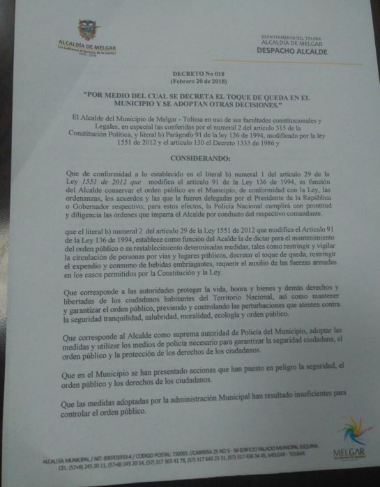 Toque de queda por disturbios en Melgar, presuntos testaferros: Decretan toque de queda en Melgar Tolima Toque de queda por disturbios en Melgar, presuntos testaferros: Decretan toque de queda en Melgar Tolima