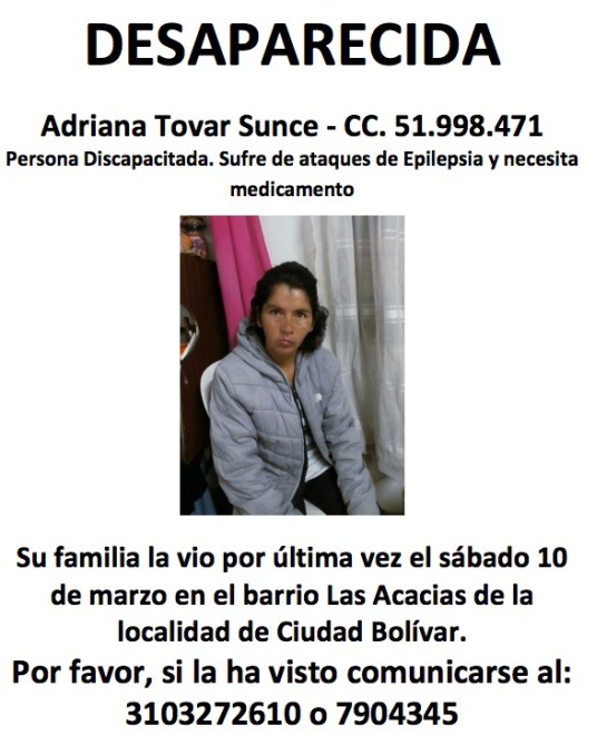 Personas desaparecidas: Preocupación por mujer desaparecida en el sur de Bogotá Personas desaparecidas: Preocupación por mujer desaparecida en el sur de Bogotá