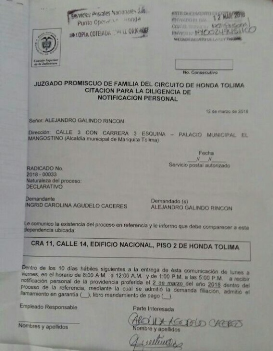 Alejandro Galindo: Interponen demanda de alimentos contra alcalde de Mariquita, Tolima Alejandro Galindo: Interponen demanda de alimentos contra alcalde de Mariquita, Tolima