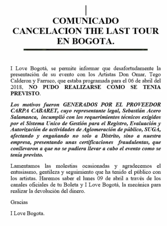 Cancelan concierto de Don Omar en Bogotá por no cumplir requisitos legales Cancelan concierto de Don Omar en Bogotá por no cumplir requisitos legales