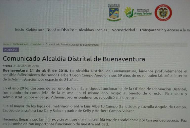 Policía confirma suicidio de funcionario de la Alcaldía de Buenaventura