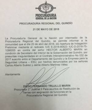 La Procuraduría abrió indagación preliminar contra el secretario del Interior del Quindío, Héctor Marín La Procuraduría abrió indagación preliminar contra el secretario del Interior del Quindío, Héctor Marín