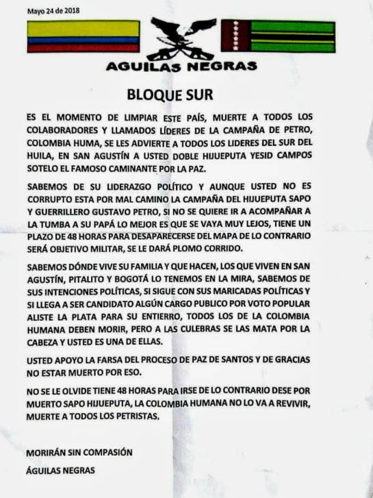 Amenazas a lideres sociales: Denuncian panfletos amenazantes de “Águilas Negras” en Bogotá Amenazas a lideres sociales: Denuncian panfletos amenazantes de “Águilas Negras” en Bogotá