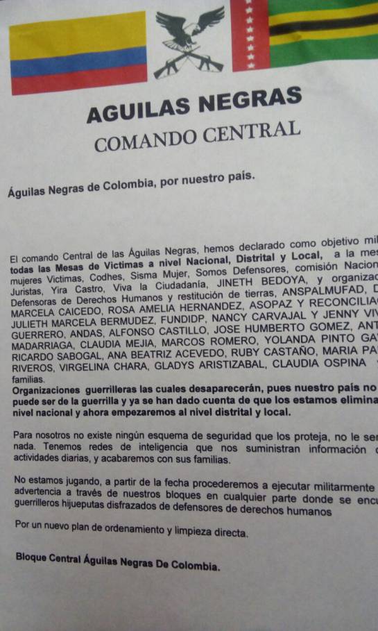 Amenazas a lideres sociales: Denuncian panfletos amenazantes de “Águilas Negras” en Bogotá Amenazas a lideres sociales: Denuncian panfletos amenazantes de “Águilas Negras” en Bogotá