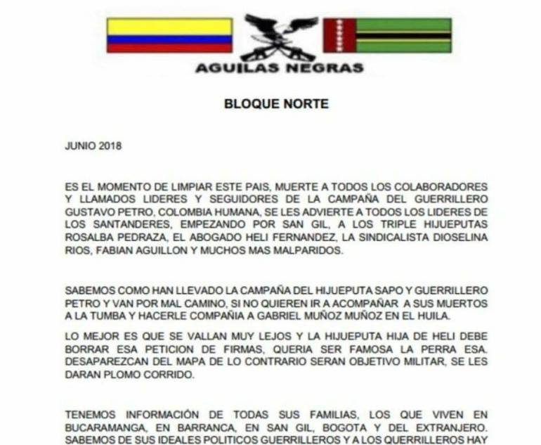 Circulan panfletos amenazando líderes de campaña de Petro en Santander: Amenazan a líderes petristas en Santander