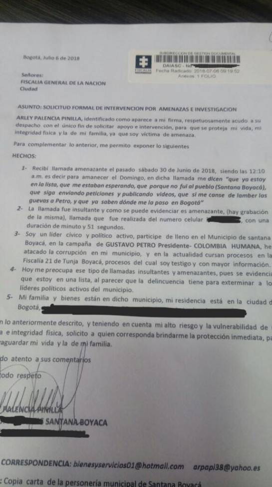 Aterradora amenaza a líder social y comunitario de Santana, Boyacá: Aterradora amenaza a líder social de Santana, Boyacá Aterradora amenaza a líder social y comunitario de Santana, Boyacá: Aterradora amenaza a líder social de Santana, Boyacá
