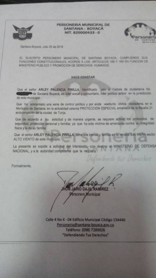 Aterradora amenaza a líder social y comunitario de Santana, Boyacá: Aterradora amenaza a líder social de Santana, Boyacá Aterradora amenaza a líder social y comunitario de Santana, Boyacá: Aterradora amenaza a líder social de Santana, Boyacá