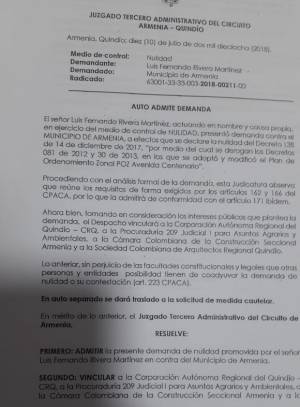 Texto de admisión de demanda contra decreto que derogó plan zonal avenida Centenario Texto de admisión de demanda contra decreto que derogó plan zonal avenida Centenario