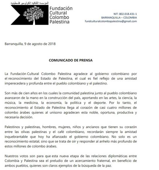 Reconocimiento a Palestina: Palestinos en Barranquilla agradecen reconocimiento de Estado por Colombia Reconocimiento a Palestina: Palestinos en Barranquilla agradecen reconocimiento de Estado por Colombia