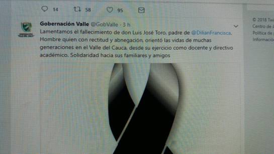 Falleció el padre de la gobernadora del Valle, Dilian Toro Falleció el padre de la gobernadora del Valle, Dilian Toro