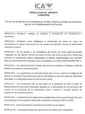 Resolución del ICA Quindío sobre cuarentena por influenza equina Resolución del ICA Quindío sobre cuarentena por influenza equina