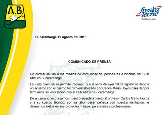 CARLOS MARIO HOYOS SE VA DEL ATLÉTICO BUCARAMANGA: Tras la derrota ante Tolima, el Atlético Bucaramanga se queda sin técnico CARLOS MARIO HOYOS SE VA DEL ATLÉTICO BUCARAMANGA: Tras la derrota ante Tolima, el Atlético Bucaramanga se queda sin técnico