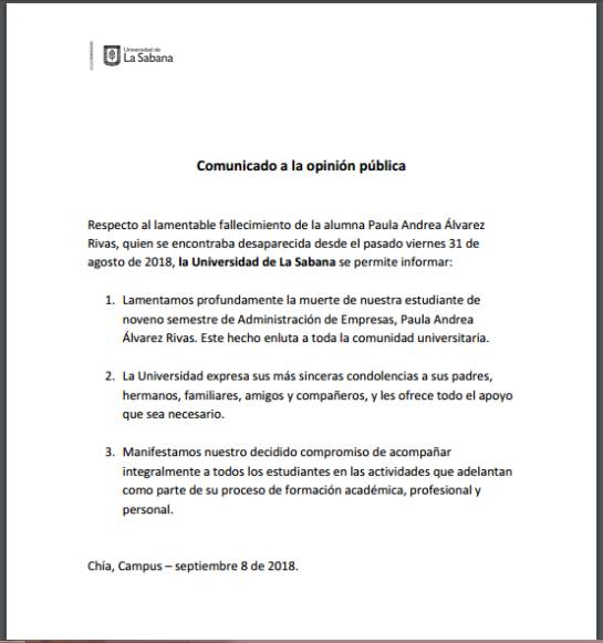 Encuentran muerta a estudiante de UniSabana que estaba desaparecida: Encuentran sin vida a estudiante desaparecida en norte de Bogotá Encuentran muerta a estudiante de UniSabana que estaba desaparecida: Encuentran sin vida a estudiante desaparecida en norte de Bogotá