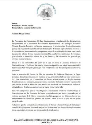 Protesta, Tarazá, campesinos, rechazan, declaraciones, gobierno, Antioquia: Campesinos de Tarazá responden al gobierno de Antioquia Protesta, Tarazá, campesinos, rechazan, declaraciones, gobierno, Antioquia: Campesinos de Tarazá responden al gobierno de Antioquia