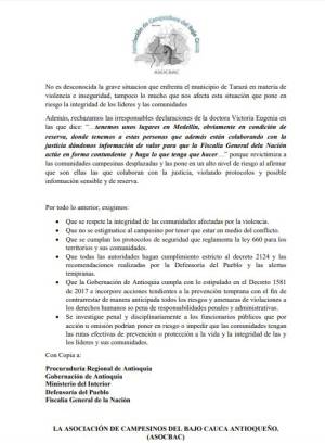 Protesta, Tarazá, campesinos, rechazan, declaraciones, gobierno, Antioquia: Campesinos de Tarazá responden al gobierno de Antioquia Protesta, Tarazá, campesinos, rechazan, declaraciones, gobierno, Antioquia: Campesinos de Tarazá responden al gobierno de Antioquia