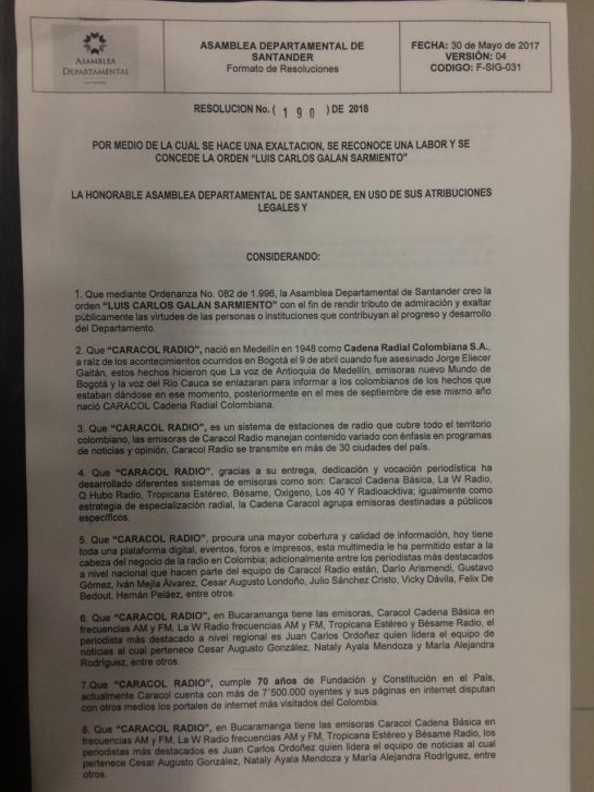 asamblea, reconocimiento, santander, radio, caracol, mérito: Asamblea otorga orden Luís C. Galán Sarmiento a Caracol Radio asamblea, reconocimiento, santander, radio, caracol, mérito: Asamblea otorga orden Luís C. Galán Sarmiento a Caracol Radio
