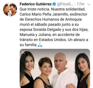 ACCIDENTE, TRÁNSITO, MUERTES, ESTADOS UNIDOS, MEDELLÍN, INVESTIGACIÓN: Antioquia lamenta fallecimiento de Carlos Mario Peña y su familia ACCIDENTE, TRÁNSITO, MUERTES, ESTADOS UNIDOS, MEDELLÍN, INVESTIGACIÓN: Antioquia lamenta fallecimiento de Carlos Mario Peña y su familia