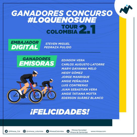 Felices ganadores del concurso Tour Colombia 2.1 Minesa: Álvaro Hodeg ganó la segunda etapa y es nuevo líder del Tour Colombia Felices ganadores del concurso Tour Colombia 2.1 Minesa: Álvaro Hodeg ganó la segunda etapa y es nuevo líder del Tour Colombia