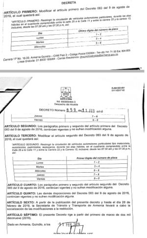 Decreto sobre modificación al pico y placa en Armenia Decreto sobre modificación al pico y placa en Armenia
