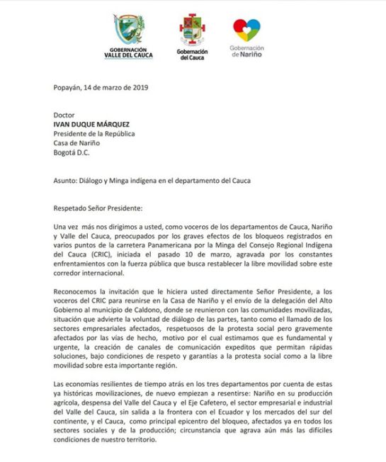 Protestas: Gobernadores piden al gobierno una salida pronta al conflicto con indígenas Protestas: Gobernadores piden al gobierno una salida pronta al conflicto con indígenas