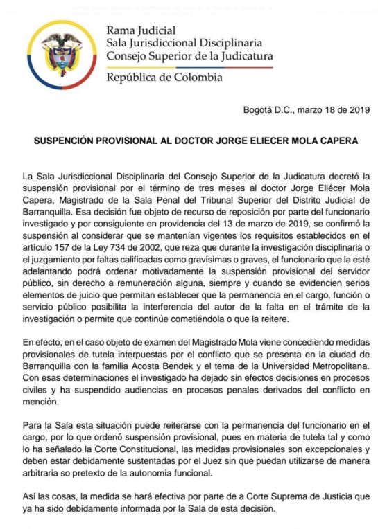 Tribunal de Barranquilla: En firme suspensión a magistrado Mola Capera por caso Unimetro Tribunal de Barranquilla: En firme suspensión a magistrado Mola Capera por caso Unimetro