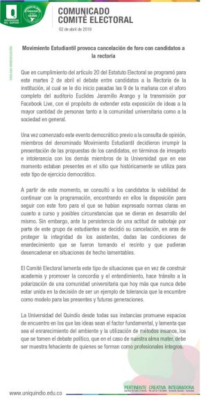 Comunicado comité electoral Universidad del Quindío Comunicado comité electoral Universidad del Quindío