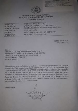 Documento del juzgado sobre la orden de arresto a presidente de Medimás Documento del juzgado sobre la orden de arresto a presidente de Medimás