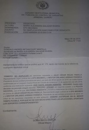 Documento del juzgado sobre la orden de arresto a presidente de Medimás Documento del juzgado sobre la orden de arresto a presidente de Medimás
