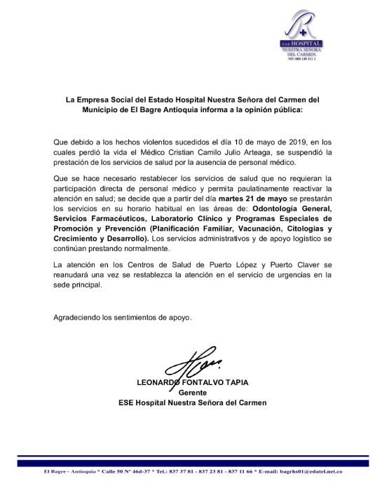El hospital de El Bagre reactivará algunos servicios no urgencias: El hospital de El Bagre reactivará algunos servicios sin médicos El hospital de El Bagre reactivará algunos servicios no urgencias: El hospital de El Bagre reactivará algunos servicios sin médicos