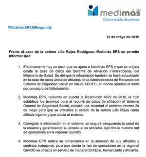 Desde la EPS se comprometen a que más a tardar a finales de mayo la dama es nuevamente atendida en la entidad Desde la EPS se comprometen a que más a tardar a finales de mayo la dama es nuevamente atendida en la entidad