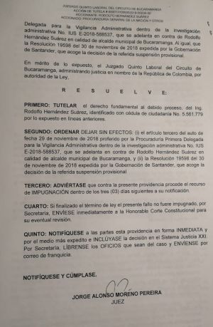 BUCARAMANGA ALCALDE RODOLFO HERNÁNDEZ JUSTICIA TUTELA PROCURADURÍA: VIDEO: Alcalde se notificó de tutela y anuncia que vuelve al cargo BUCARAMANGA ALCALDE RODOLFO HERNÁNDEZ JUSTICIA TUTELA PROCURADURÍA: VIDEO: Alcalde se notificó de tutela y anuncia que vuelve al cargo