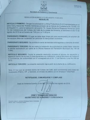 Certificado de la alcaldía de Armenia sobre el permiso para el concierto de DR Queen en coliseo del café en la capital del Quindío Certificado de la alcaldía de Armenia sobre el permiso para el concierto de DR Queen en coliseo del café en la capital del Quindío