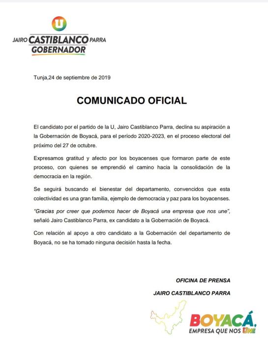 Jairo Castiblanco renunció a su candidatura a la gobernación de Boyacá: Jairo Castiblanco renunció a su candidatura a la gobernación de Boyacá Jairo Castiblanco renunció a su candidatura a la gobernación de Boyacá: Jairo Castiblanco renunció a su candidatura a la gobernación de Boyacá