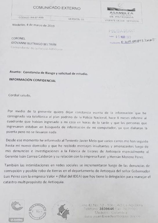Diputado desmiente a policía Antioquia si hubo denuncias: Denuncia de amenazas fueron radicadas en marzo de 2019: Luis Peláez Diputado desmiente a policía Antioquia si hubo denuncias: Denuncia de amenazas fueron radicadas en marzo de 2019: Luis Peláez