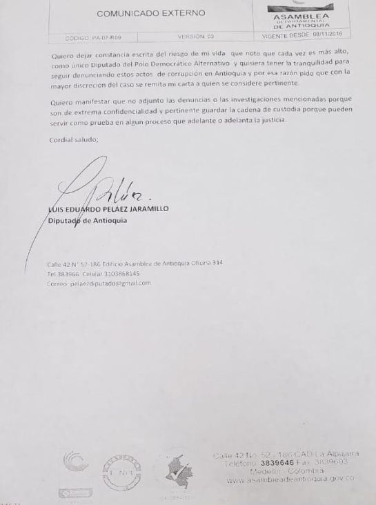 Diputado desmiente a policía Antioquia si hubo denuncias: Denuncia de amenazas fueron radicadas en marzo de 2019: Luis Peláez Diputado desmiente a policía Antioquia si hubo denuncias: Denuncia de amenazas fueron radicadas en marzo de 2019: Luis Peláez