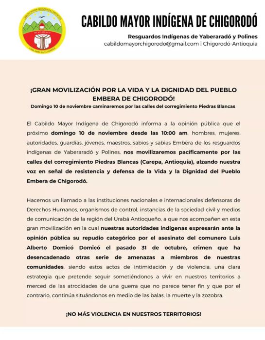 Marcha, protesta comunidad indígena Embera Chogorodó , Carepa: Indígenas protestarán contra la violencia a sus comunidades en Chigorodó Marcha, protesta comunidad indígena Embera Chogorodó , Carepa: Indígenas protestarán contra la violencia a sus comunidades en Chigorodó
