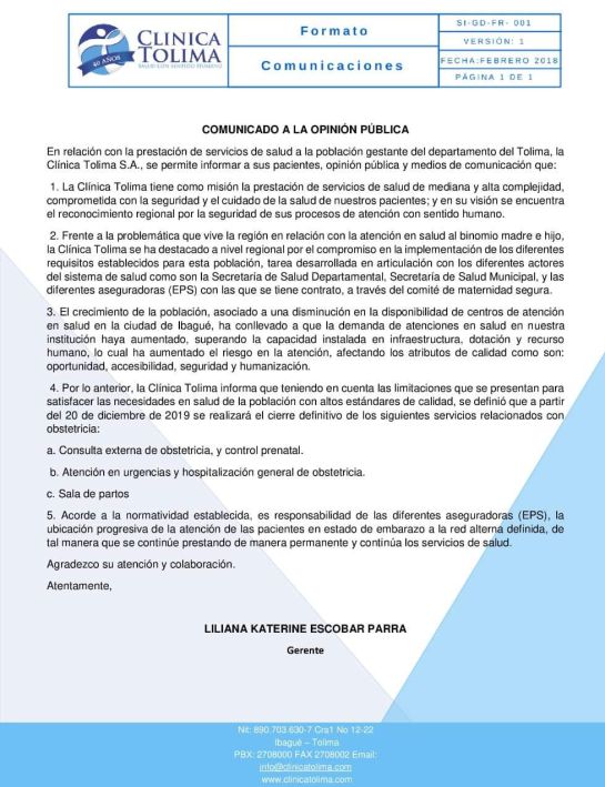 Clínica Tolima de Ibagué: Clínica Tolima cierra servicios a maternas en Ibagué Clínica Tolima de Ibagué: Clínica Tolima cierra servicios a maternas en Ibagué