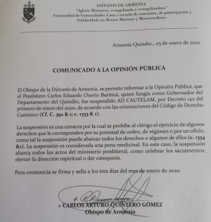 POLÉMICA: La Iglesia Católica suspende al cura exgobernador del departamento Quindío POLÉMICA: La Iglesia Católica suspende al cura exgobernador del departamento Quindío