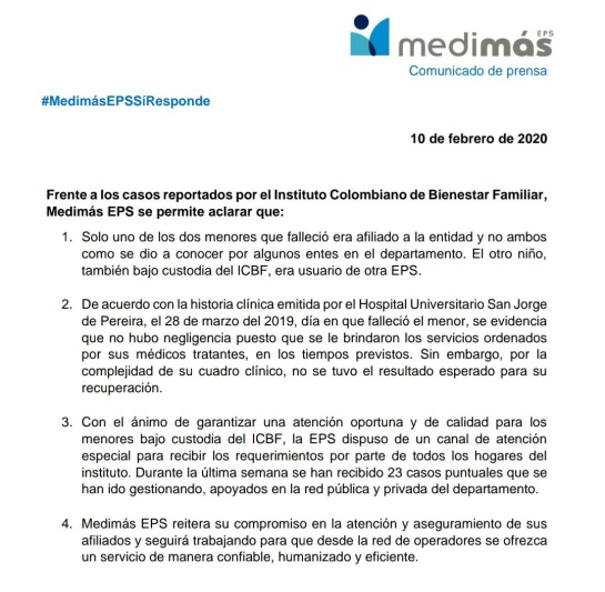 Niños mueres por falta de atención de Medimás: Dos niños a cargo del ICBF murieron por presunta negligencia de Medimás Niños mueres por falta de atención de Medimás: Dos niños a cargo del ICBF murieron por presunta negligencia de Medimás