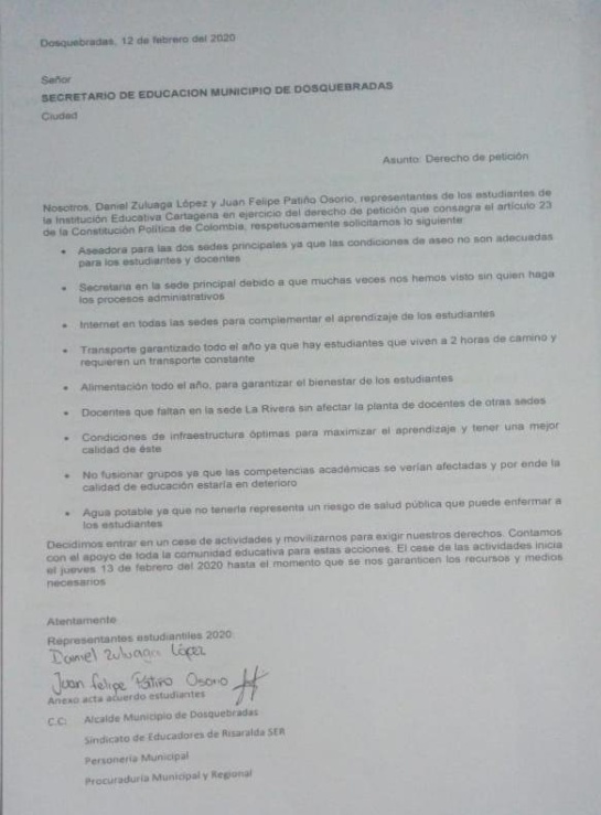Anormalidad académica en Dosquebradas: Paro indefinido de los estudiantes del colegio Cartagena de Dosquebradas Anormalidad académica en Dosquebradas: Paro indefinido de los estudiantes del colegio Cartagena de Dosquebradas