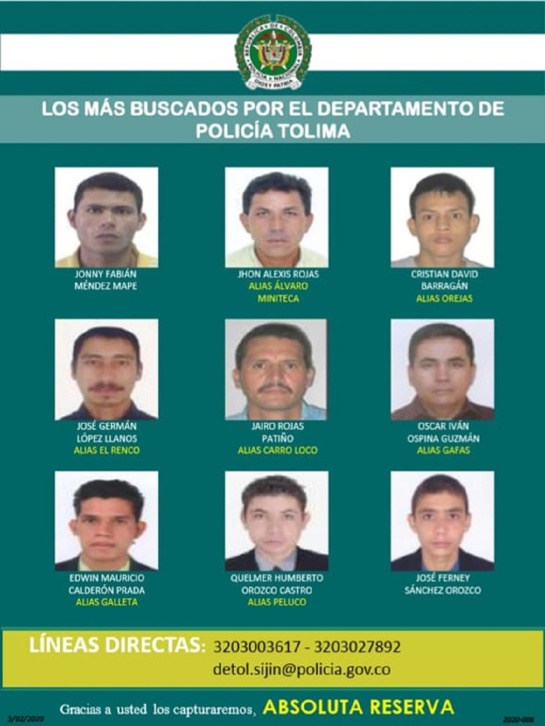 Delincuentes de Tolima: Estos son los más buscados del Tolima Delincuentes de Tolima: Estos son los más buscados del Tolima